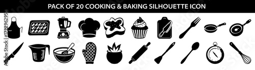 Vector art of pack of 20 cooking and baking silhouette icons, including apron, blender, chef hat, cupcake, knife, measuring cup, bowl, oven mitt, rolling pin, fork, frying pan, spoon, and timer