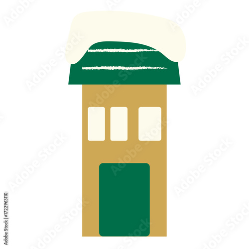 Snow covered house with green roof illustration