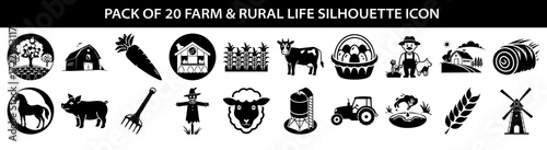 Vector art of pack of 20 farm and rural life silhouette icons including tractor, cow, horse, pig, sheep, barn, windmill, scarecrow, farmer, wheat, carrot, and hay bale