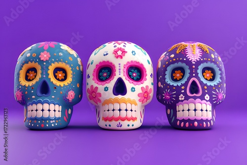 Colorful purple sugar skulls with floral decorations for de Muertos on vibrant pink background