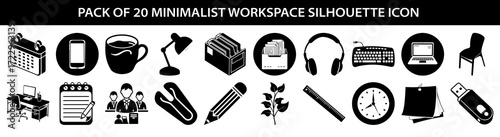 Vector art of pack of 20 minimalist workspace silhouette icons, including desk, chair, laptop, headphones, coffee cup, lamp, calendar, and usb drive