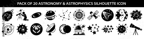 Vector art of pack of 20 astronomy and astrophysics silhouette icons including planets, stars, comets, telescopes, observatories, and satellites