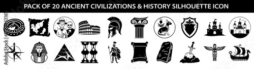 Vector art of collection of 20 ancient civilizations and history silhouette icons, including landmarks, symbols, and figures