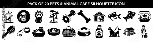 Vector art of collection of 20 silhouette icons representing pets and animal care, including cages, paw prints, bones, pet houses, food bowls, grooming tools, carriers, and veterinary symbols