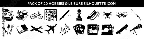 pack of 20 hobbies and leisure silhouette icons, featuring activities like cooking, cycling, chess, flying, and sewing
