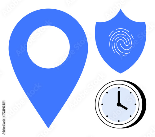 Blue location pin, fingerprint shield, and clock representing time tracking, data protection, and navigation. Ideal for apps, technology, security time geolocation tracking compliance. Clean flat