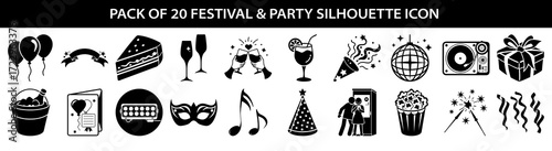 Vector art of pack of 20 festival and party silhouette icons including balloons, cake, champagne, disco ball, dj turntable, gift box, party hat, and more