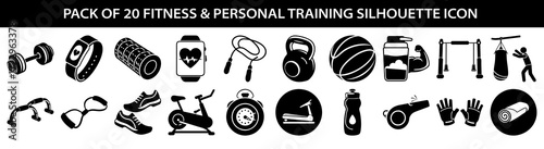 pack of 20 fitness and personal training silhouette icons including dumbbell, smartwatch, jump rope, kettlebell, and punching bag