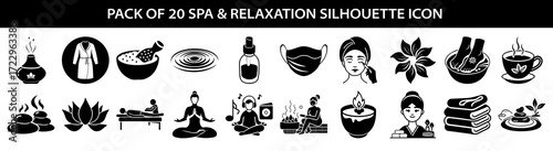 Vector art of collection of 20 spa and relaxation silhouette icons, including massage stones, lotus flower, yoga pose, meditation, aromatherapy, and tea cup, perfect for wellness and selfcare themes