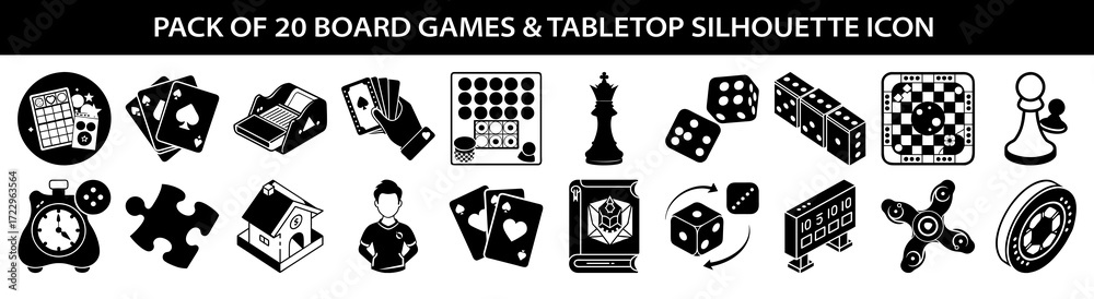 Naklejka premium Vector art of collection of 20 board game and tabletop silhouette icons, including dice, chess pieces, cards, puzzles, and game boards, isolated on a