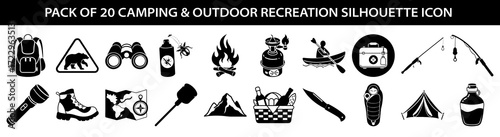 pack of 20 camping and outdoor recreation silhouette icons, , featuring essential gear for hiking, fishing, and wilderness adventures