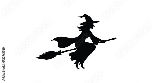 A dark witch flies on a broom with a dramatic silhouette