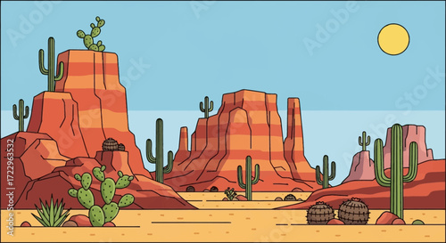 Desert landscape with towering rock formations and saguaro cacti under a clear sky.
