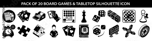 Vector art of collection of 20 board game and tabletop silhouette icons, including dice, chess pieces, cards, puzzles, and game boards, isolated on a