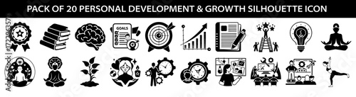 Vector art of pack of 20 personal development and growth silhouette icons including achievement, books, brain, goals, target, graph, writing, ladder, idea, meditation, plant, teamwork, clock, and yoga