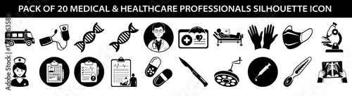 Vector art of pack of 20 medical and healthcare professionals silhouette icons, including ambulance, dna, doctor, patient, surgical tools, and lab equipment