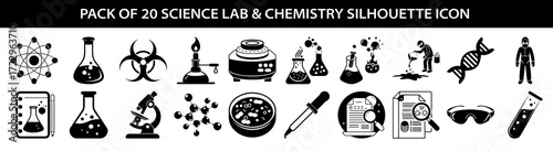Vector art of collection of 20 science lab and chemistry silhouette icons, including atom, flasks, biohazard, burner, microscope, dna, and scientist