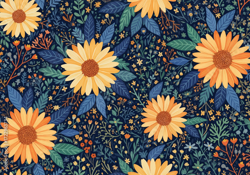 Floral seamless pattern with flowers and leaves. Vector illustration in flat style.