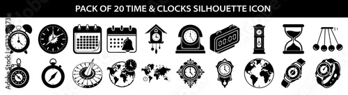 Vector art of collection of 20 black silhouette icons representing various timekeeping devices and concepts, including clocks, watches, calendars, hourglasses, and compasses, isolated on a