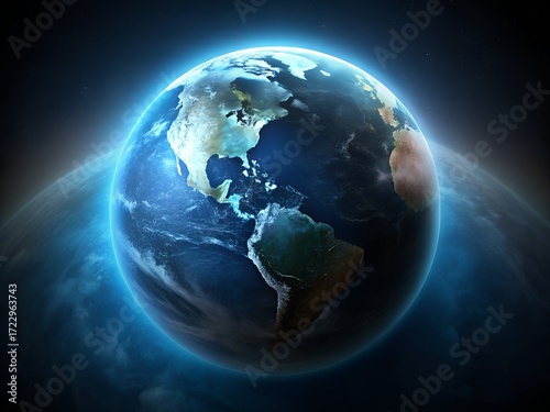 Detailed view of planet earth showcasing north and south america with a glowing blue atmosphere effect