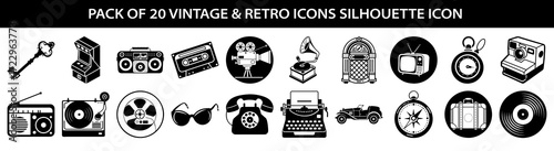 pack of 20 vintage and retro silhouette icons, including a key, arcade machine, boombox, cassette tape, video camera, gramophone, jukebox, stopwatch, and game console