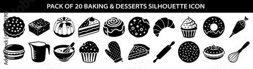Vector art of pack of 20 baking and desserts silhouette icons including cookies, cake, croissant, cupcake, donut, pie, and baking tools