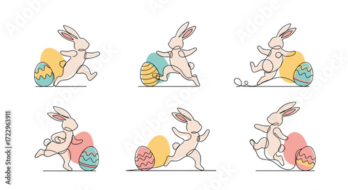 Cute cartoon bunnies celebrating the spring holiday by rolling colorful eggs.