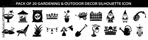 Vector art of pack of 20 gardening and outdoor decor silhouette icons
