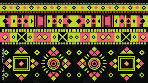 Colorful Geometric Tribal Border Pattern in Pink and Lime Green on Black Keywords: geometric, tribal, border, pattern, colorful, pink, lime green, black, ethnic, design