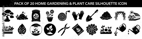 Vector art of collection of 20 home gardening and plant care silhouette icons, including trees, plants, tools, and greenhouse