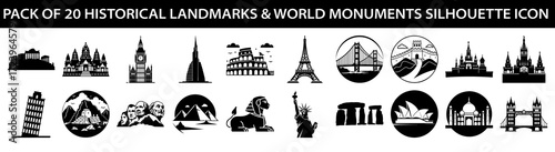Vector art of collection of 20 iconic historical landmarks and world monuments in silhouette style, isolated on a