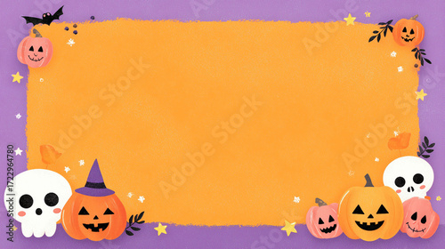 halloween pumpkin frame,vector illustration of orange halloween frame with with pumpkin and moon and castle and bats and scary tree,vector illustration of a orange halloween background