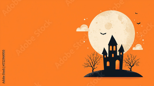 vector illustration of orange halloween background with with pumpkin and moon and castle and bats and scary tree,vector illustration of a orange scary halloween background