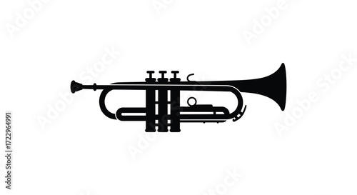 A black trumpet instrument depicted in a striking artistic silhouette