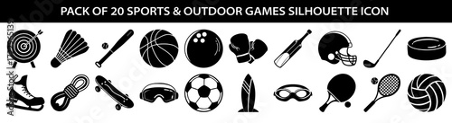 Vector art of collection of 20 black silhouette icons representing various sports and outdoor games, isolated on a