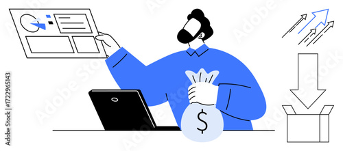 Businessman holding a money bag reviews analytics on a digital chart. Growth arrows and box highlight financial growth, success, and e-commerce. Ideal for finance, investment, strategy, analysis