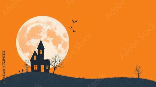 vector illustration of orange halloween background with with pumpkin and moon and castle and bats and scary tree,vector illustration of a orange scary halloween background