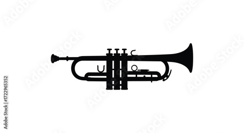 A striking black trumpet illustration on a plain white background silhouette