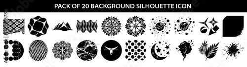 Vector art of collection of 20 abstract black silhouette icons and symbols on a, featuring geometric patterns, natural elements, and celestial bodies