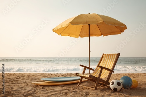 Scenic beach setup with umbrella, chair, surfboards, and colorful balls on golden sand with ocean backdrop, perfect for family vacation promotions and relaxed outdoor summer lifestyle marketing