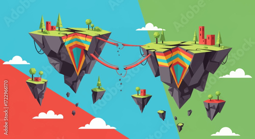 Fantasy Floating Islands Connected by Bridges.