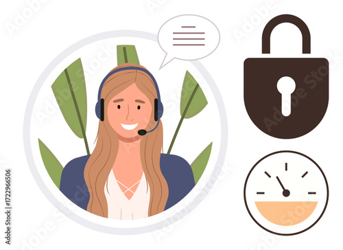 Smiling customer service agent with headset and speech bubble, padlock representing security, and gauge symbolizing performance. Ideal for communication, support, technology, safety, efficiency
