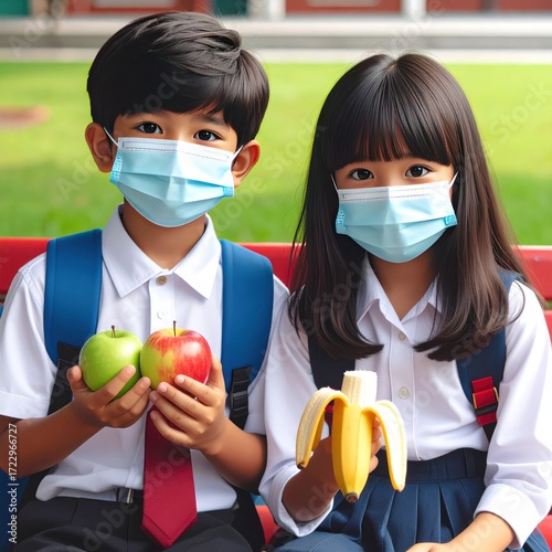 Two kids with face masks hold fruit, apples and a peeled banana, while seated on a red bench in front of a blurred green outdoor background