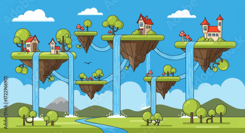 Fantasy floating islands with houses and waterfalls.