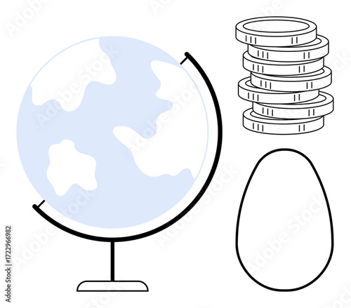Globe on stand, stacked coins, and an egg conveying global economy, investment growth, financial planning, business, sustainability, future potential, and savings in a simple flat metaphor