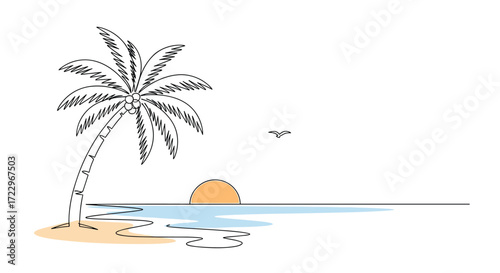 A serene tropical beach scene unfolds with a solitary palm tree overlooking the ocean as the sun sets with a single bird in flight.