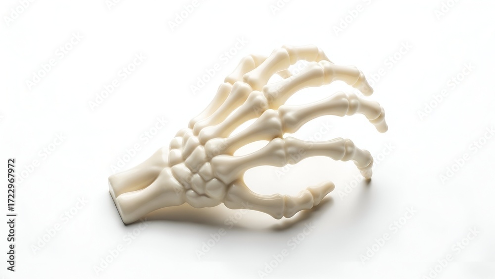 Naklejka premium Creepy white chocolate skeleton hand model, a detailed and spooky representation for Halloween or medical themes