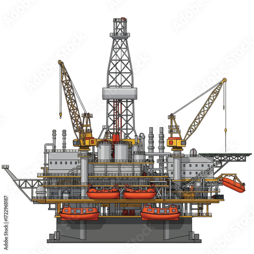 Detailed vector illustration of a massive offshore oil drilling rig, highlighting the complex infrastructure involved in global energy production and resource extraction on the open ocean