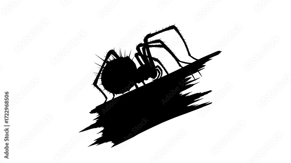 Fototapeta premium Creepy spider silhouette on a broken piece of wood against a blank white background