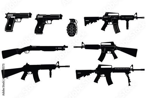 Assortment of Black Weapon Silhouettes Including Handguns Rifles and Grenade on White Background Keywords: weapon, gun, firearm, pistol, handgun, rifle, shotgun, grenade